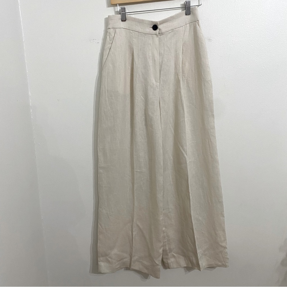 Mango MNG Womens Pants Medium Cream Wide Leg Linen High Rise Pleated Ladies New